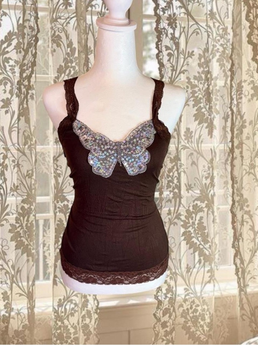 Vintage Y2K Deadstock Brown Fairycore Whimsygoth Lacey Top with Sequin Butterfly
